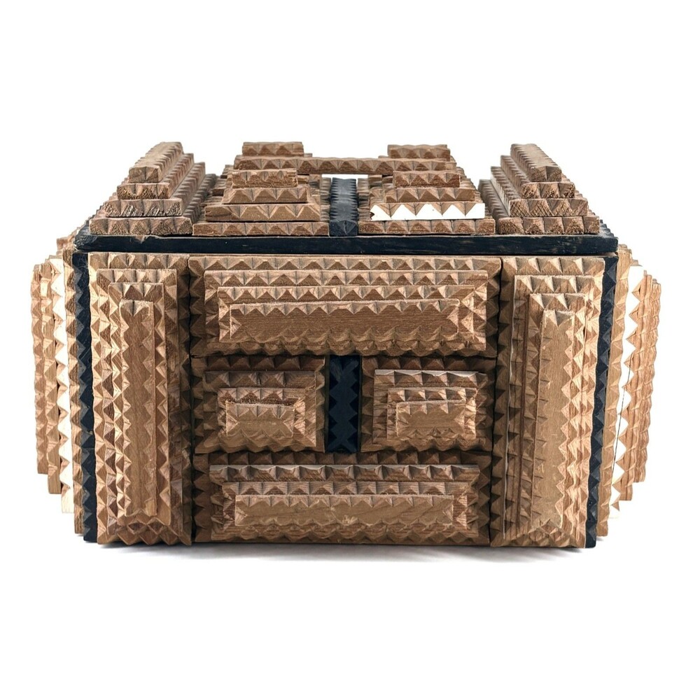 Tramp Art Jewelry Box With Heart Detail on Sides 10x6x7"
